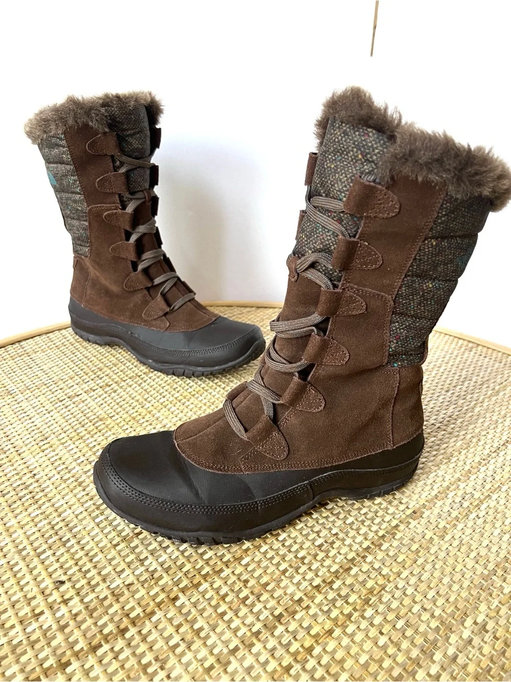 The North Face Nuptse Purna winter boots brown suede multi tweed faux fur 8.5